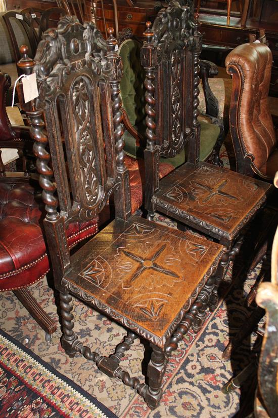 Pair carved oak high back chairs